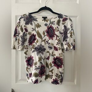 Ann Taylor Cotton White Floral Short-Sleeve Tee - Pink & Gold Print